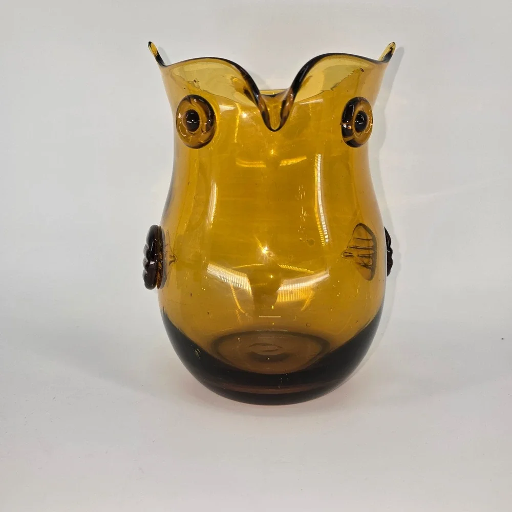 Vintage Pier 1 Amber Art Glass Owl Vase Pitcher Mid Century Modern Decor 8in